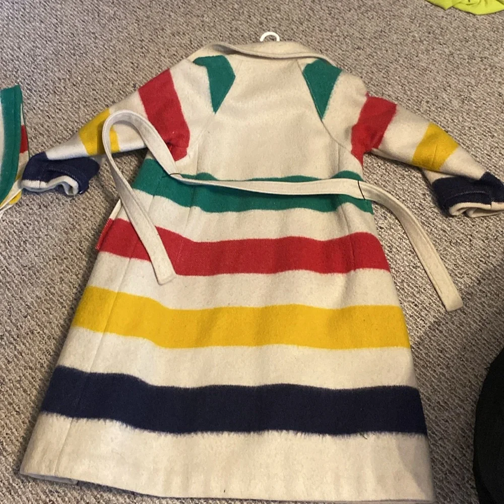 Vintage Hudson Bay Coat Womens Large 4 Point Blanket Stripe Hooded Long Trench - Picture 8 of 8